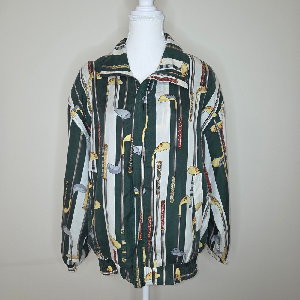 Vintage Coaco Silk Golf Print Jacket Women's‎ Size M Green Striped